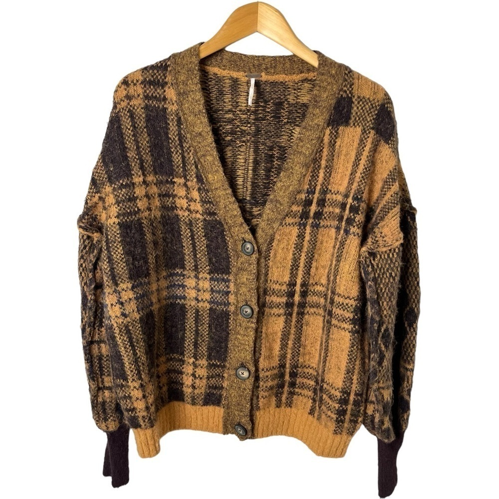 Free People Sepia Plaid Jacquard Oversized Cardigan Brown Size Small OB1530739 - Picture 4 of 10